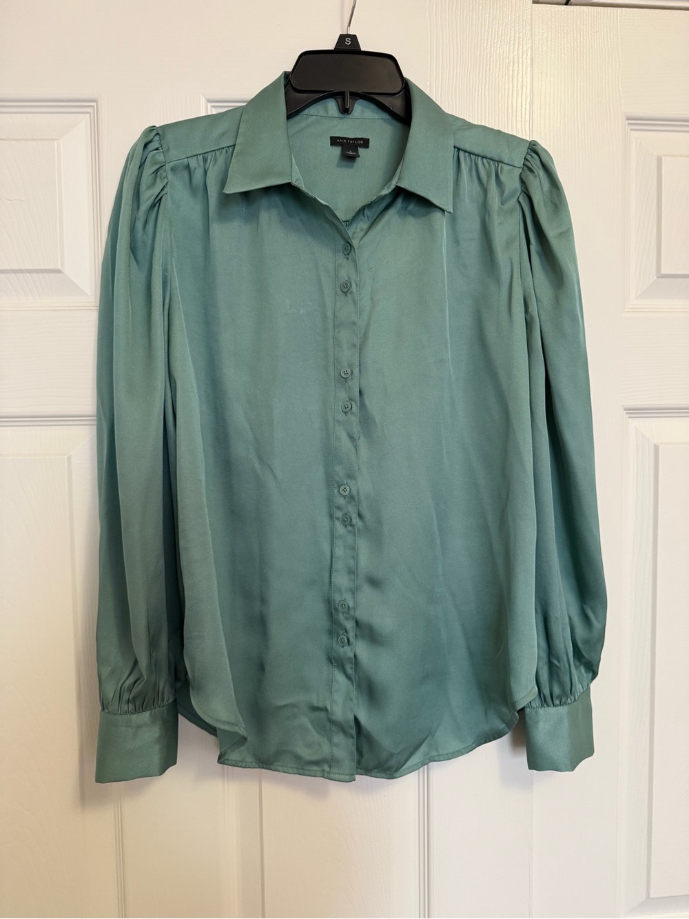 Ann Taylor Teal Button-Down Puff Shoulder Blouse